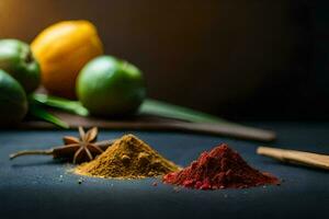 curry powder, spices and lemons on a dark table. AI-Generated photo