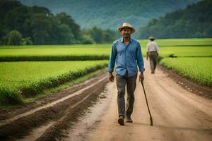 dos hombres caminando abajo un suciedad la carretera en un campo. generado por ai foto