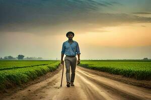 a man walking on a dirt road in a field. AI-Generated photo