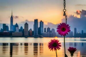 a flower is seen in front of a city skyline. AI-Generated photo