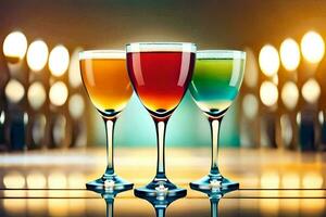 three glasses of different colored drinks on a table. AI-Generated photo