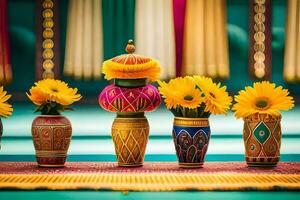 a table with colorful vases with sunflowers. AI-Generated photo