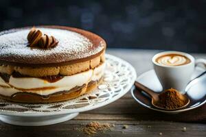 el pastel es en un plato con un taza de café. generado por ai foto