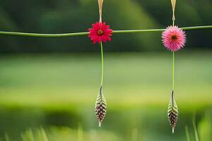 two flowers hanging from a line with grass in the background. AI-Generated photo