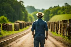 a man in a hat walks down a dirt road. AI-Generated photo