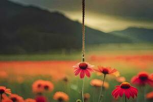 un flor colgando desde un cuerda en un campo. generado por ai foto