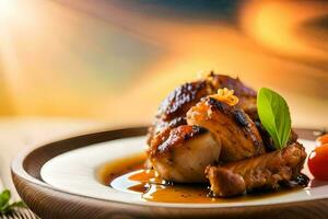 a plate of chicken with sauce and tomatoes. AI-Generated photo