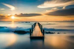 a wooden pier stretches out into the ocean at sunset. AI-Generated photo