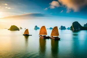 Tres barcos en el agua con montañas en el antecedentes. generado por ai foto