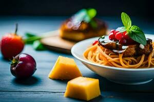 spaghetti with cheese and tomatoes on a wooden table. AI-Generated photo