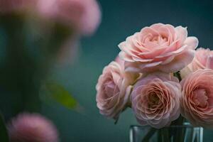 pink roses in a vase on a table. AI-Generated photo