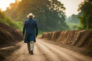a man in a blue suit and hat walks down a dirt road. AI-Generated photo