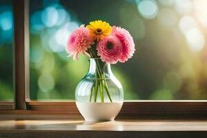 un florero con rosado flores sentado en un ventana umbral. generado por ai foto