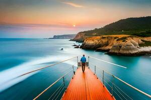 a man standing on a wooden dock looking out at the ocean. AI-Generated photo