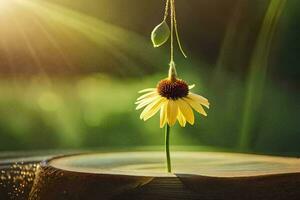 a single yellow flower is hanging from a wooden plank. AI-Generated photo