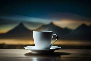 coffee cup on the table with mountains in the background. AI-Generated photo