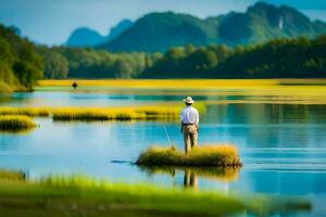 un hombre en pie en un pequeño isla en un río. generado por ai foto