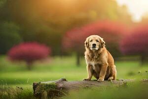 golden retriever sitting on a log in a field. AI-Generated photo