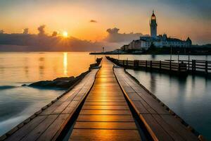 the sun sets over a pier in the ocean. AI-Generated photo