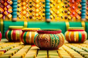 colorful pots on a table with colorful decorations. AI-Generated photo