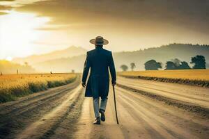 un hombre en un sombrero y traje caminando abajo un suciedad la carretera. generado por ai foto