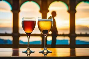 dos lentes de vino en un mesa con un hombre en el antecedentes. generado por ai foto