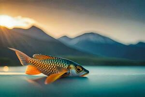 a fish is sitting on the edge of a lake with mountains in the background. AI-Generated photo