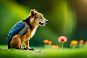 a dog sitting on the grass with flowers in the background. AI-Generated photo