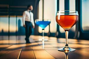 a man in a suit standing in front of a glass of wine. AI-Generated photo