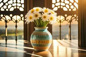 a vase with daisies sitting on a table in front of a window. AI-Generated photo