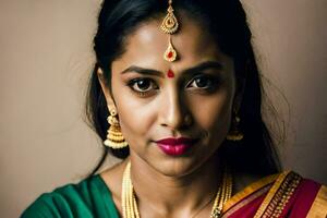 a woman wearing a sari and jewelry. AI-Generated photo