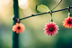 pink flowers hanging from a branch in the sunlight. AI-Generated photo