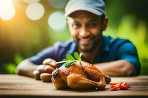 un hombre sonrisas mientras participación un asado pollo. generado por ai foto