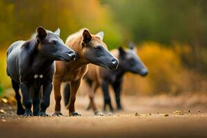 three horses are walking on a dirt road. AI-Generated photo