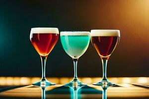 three different colored drinks in glasses on a table. AI-Generated photo