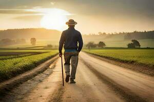 a man walking down a dirt road with a cane. AI-Generated photo