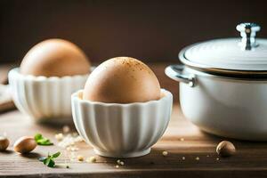 two eggs in white cups on a wooden table. AI-Generated photo