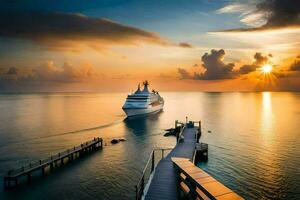 a cruise ship docked at the end of a dock at sunset. AI-Generated photo