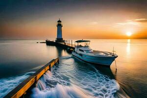 a boat is docked at a lighthouse at sunset. AI-Generated photo