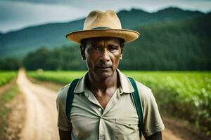 un hombre en un sombrero en pie en un suciedad la carretera. generado por ai foto