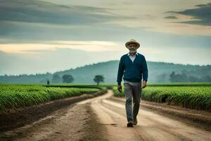 un hombre en un sombrero camina abajo un suciedad la carretera. generado por ai foto