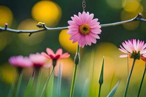 pink flowers are on a branch in front of a green background. AI-Generated photo