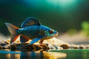 a fish is standing on the water with its tail out. AI-Generated photo