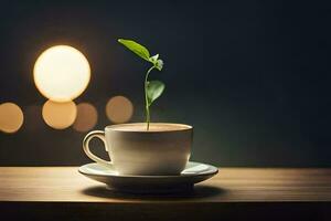 a coffee cup with a plant growing out of it. AI-Generated photo