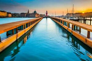 a pier with boats in the water at sunset. AI-Generated photo