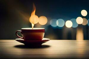 un taza de café en un mesa con un iluminado fuego. generado por ai foto