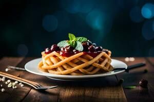 gofres con cerezas y menta en un lámina. generado por ai foto