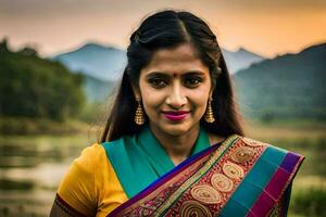a woman in a colorful sari standing in front of a lake. AI-Generated photo