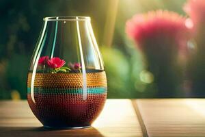 a vase with flowers sitting on a table. AI-Generated photo