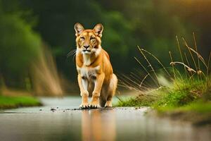 a red lion walking across a river. AI-Generated photo